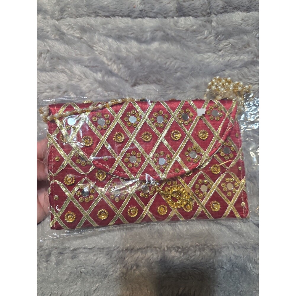 New Gorgeous beaded gold & red handbag clutch purse shoulder bag wallet tote!